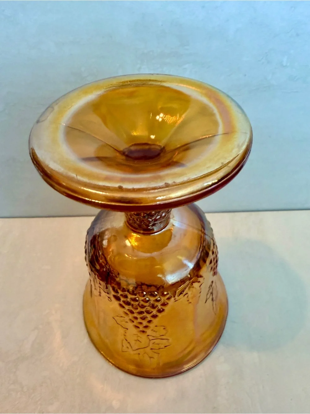 Vintage Indiana Amber Carnival Glass Wine Goblet  “Harvest Grape” Pattern